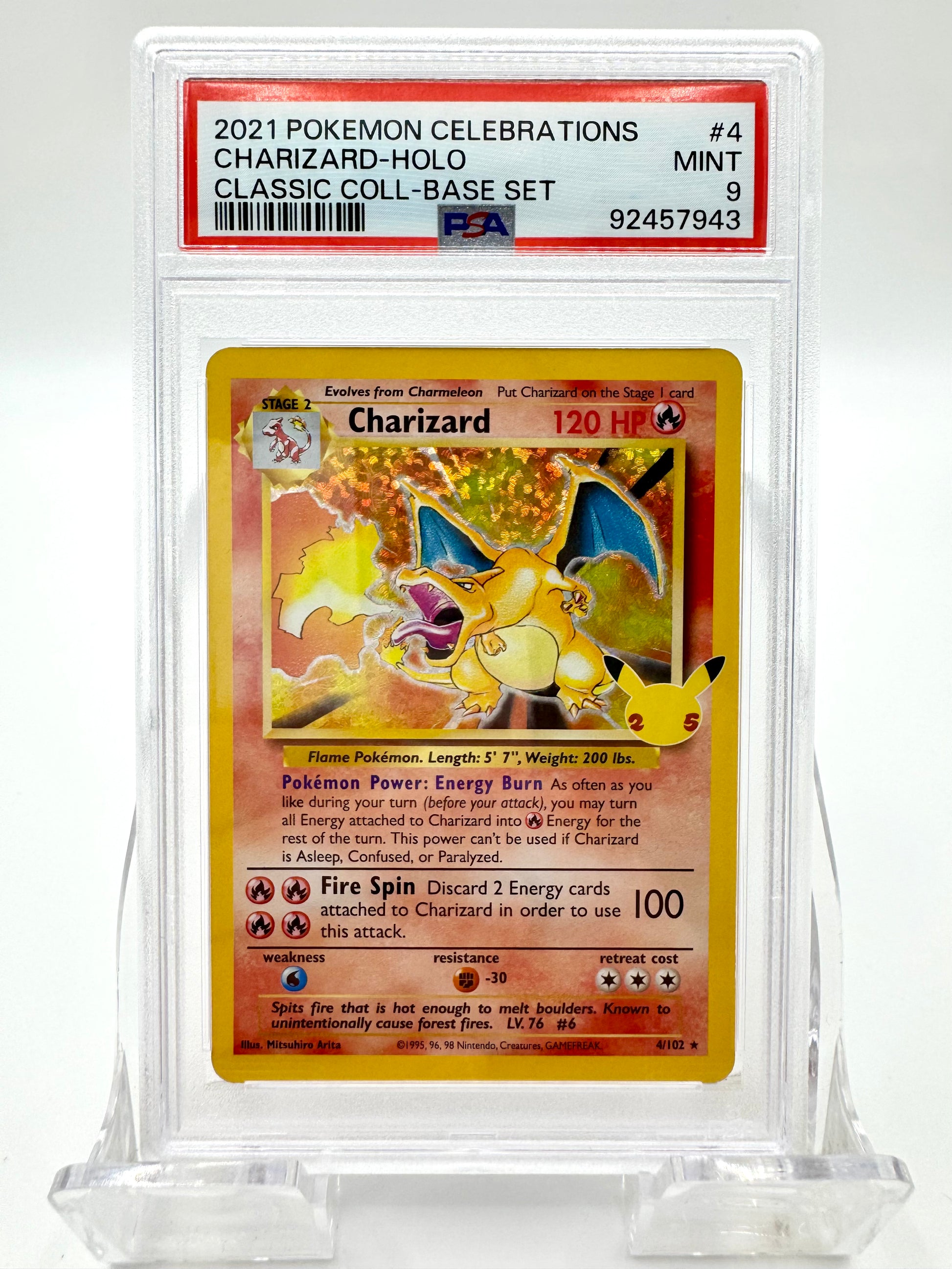 Front of 2021 Pokémon Charizard Holo English 25th Anniversary Celebrations #004/102 PSA 9 card