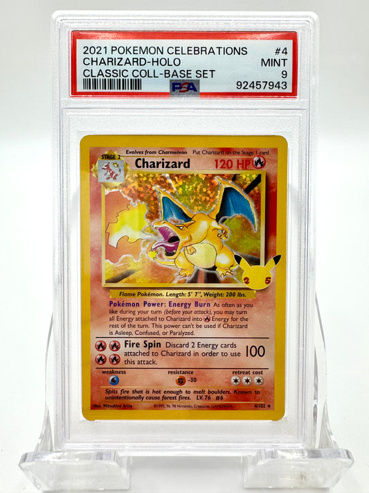 Front of 2021 Pokémon Charizard Holo English 25th Anniversary Celebrations #004/102 PSA 9 card