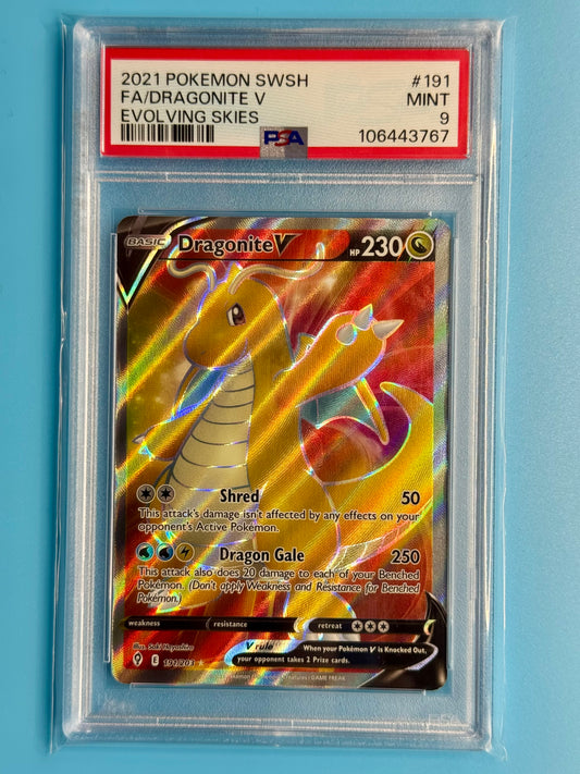 Front of 2021 Pokémon Dragonite V Evolving Skies #191/203 English PSA 9 card