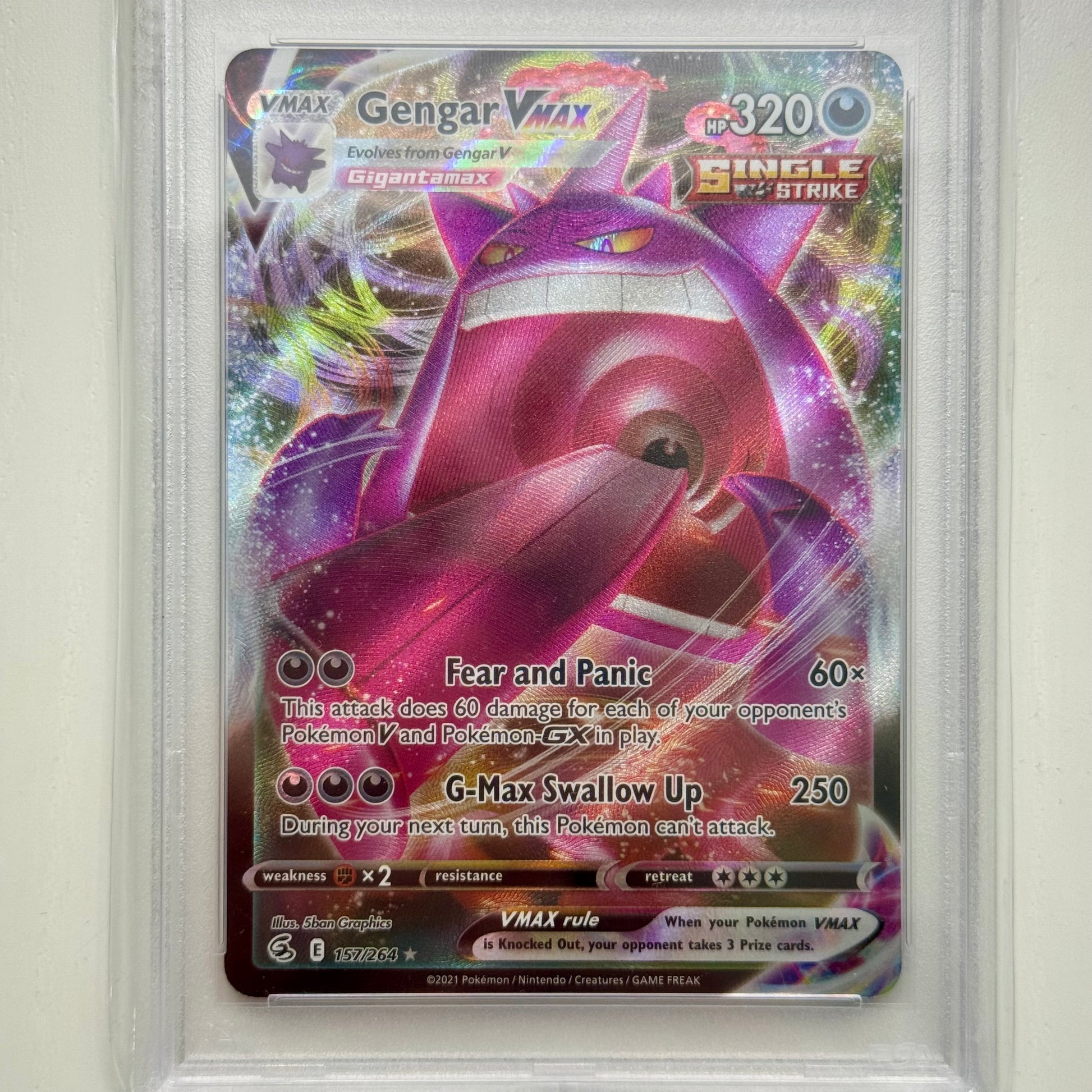 Front of 2021 Pokémon Gengar VMax #157/264 English PSA 10 card
