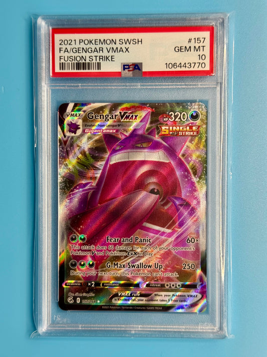 Front of 2021 Pokémon Gengar VMax #157/264 English PSA 10 card