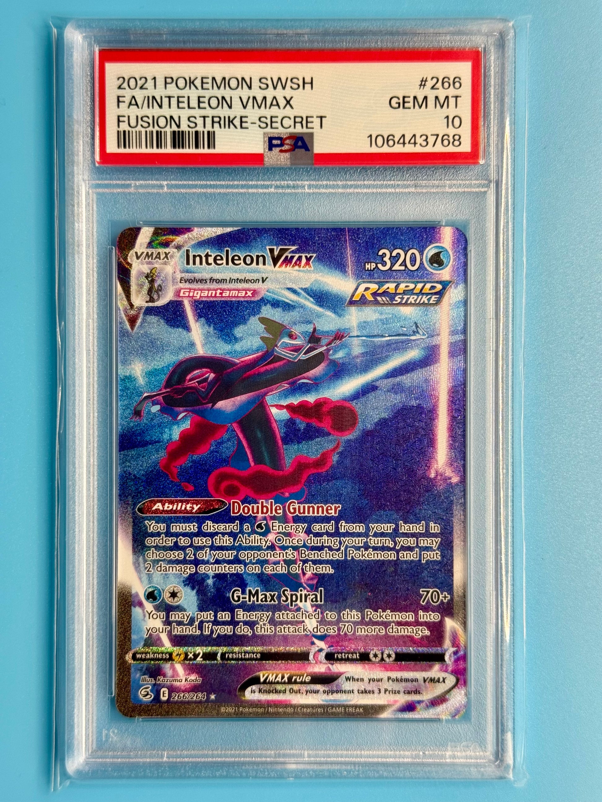 Front of 2021 Pokémon Inteleon Vmax Fusion Strike Secret #266/264 PSA 10 card