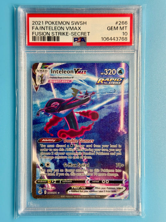 Front of 2021 Pokémon Inteleon Vmax Fusion Strike Secret #266/264 PSA 10 card