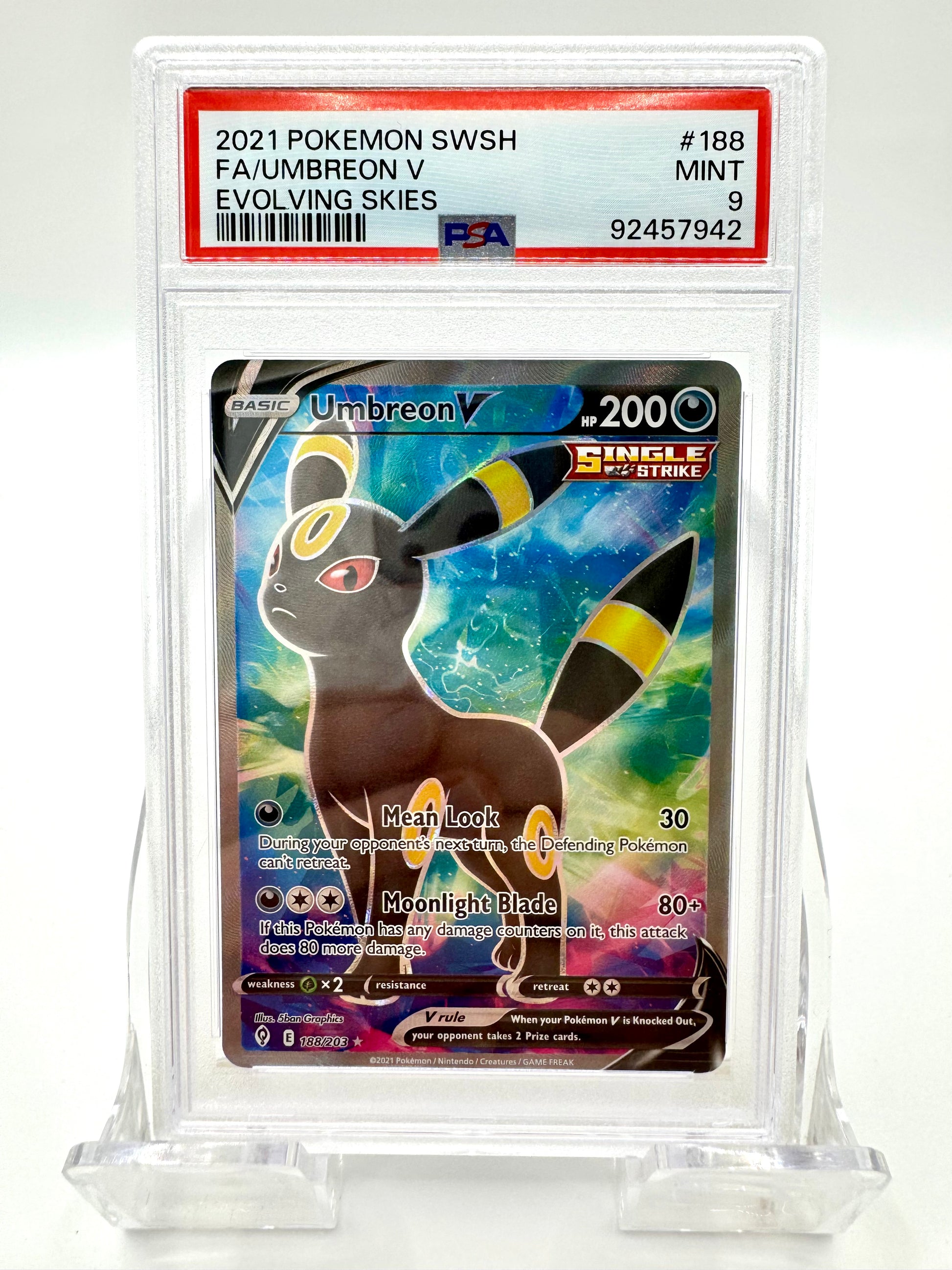 Front of 2021 Pokémon Umbreon V Evolving Skies #188/203 English PSA 9 card