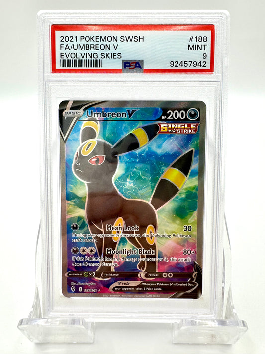 Front of 2021 Pokémon Umbreon V Evolving Skies #188/203 English PSA 9 card