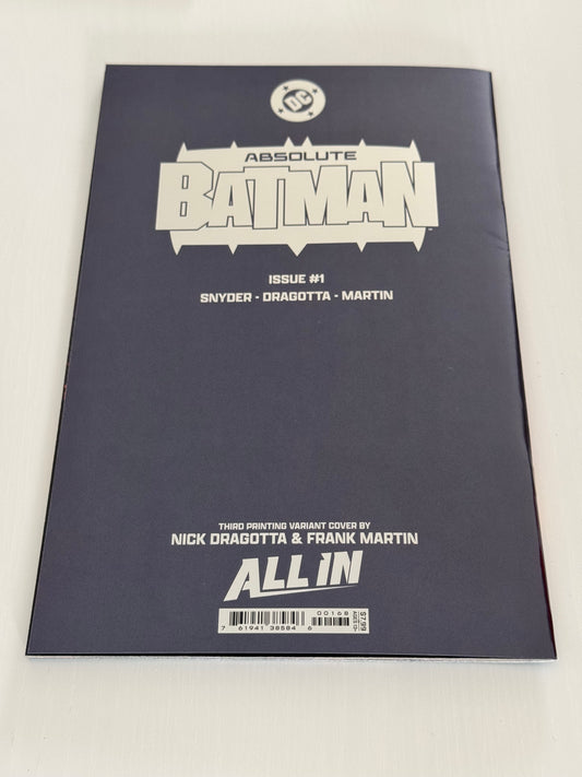 Back cover of Absolute Batman #1 (2024) Comic Book, Foil Virgin Variant edition.