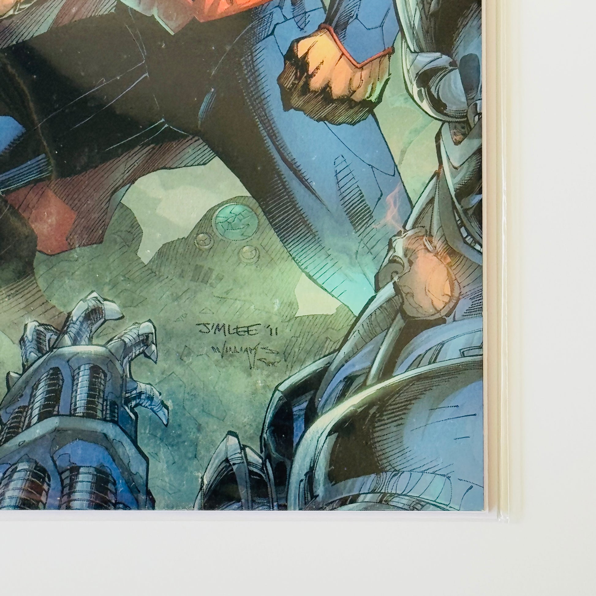 Close-up of bottom right corner of Jim Lee’s SDCC 2025 Foil Virgin Superman Variant