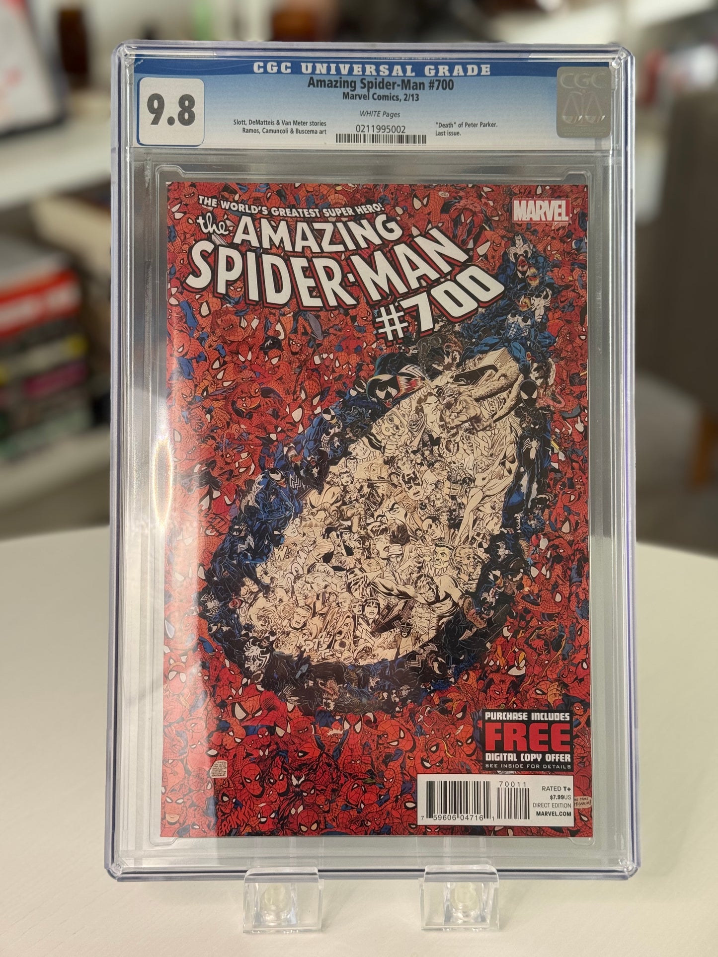 CGC 9.8 graded Amazing Spider-Man #700 comic featuring the death of Peter Parker and final issue of the original series