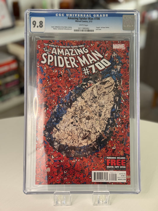 CGC 9.8 graded Amazing Spider-Man #700 comic featuring the death of Peter Parker and final issue of the original series