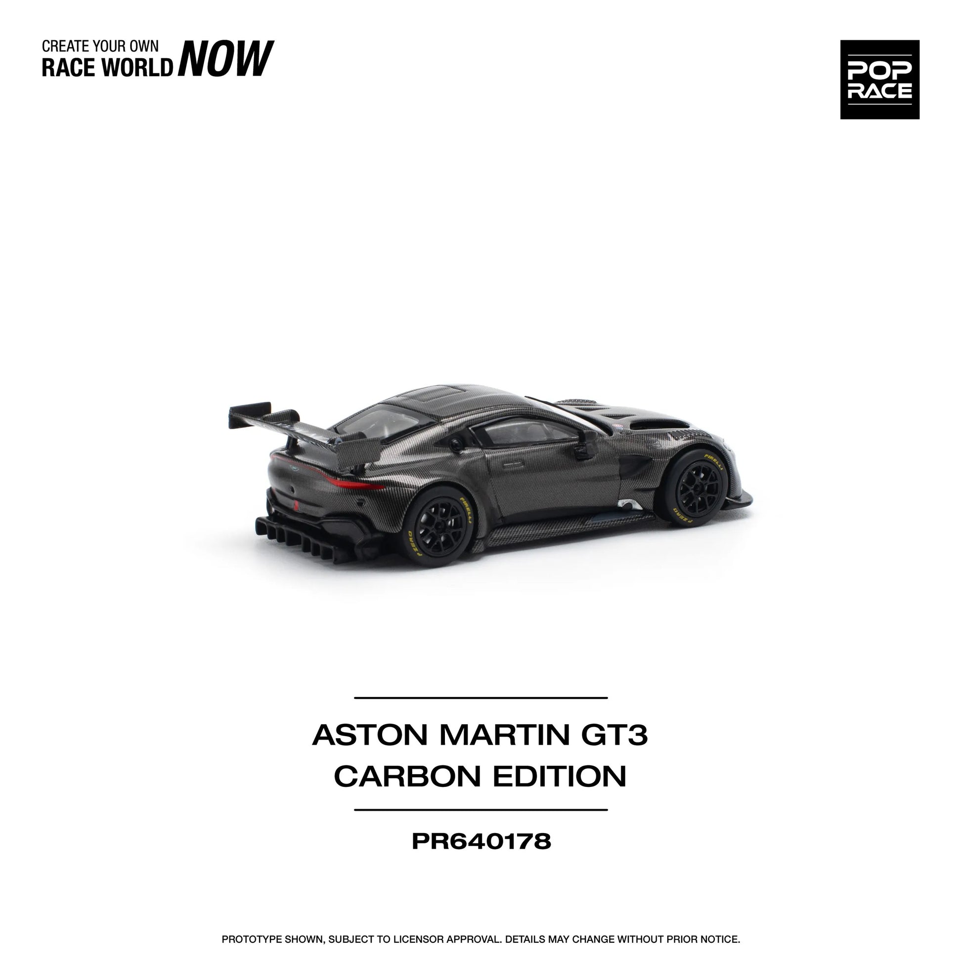 Angled front-right view of 1:64 Aston Martin GT3 Carbon Edition by Pop Race