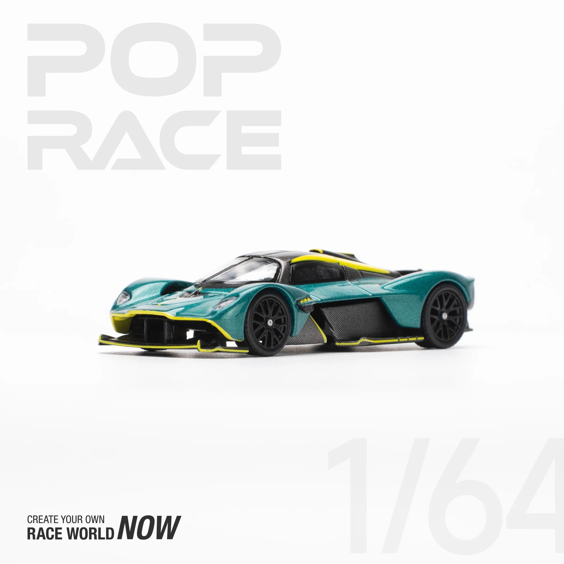 Front view of Pop Race Aston Martin Valkyrie Green 1:64 diecast car