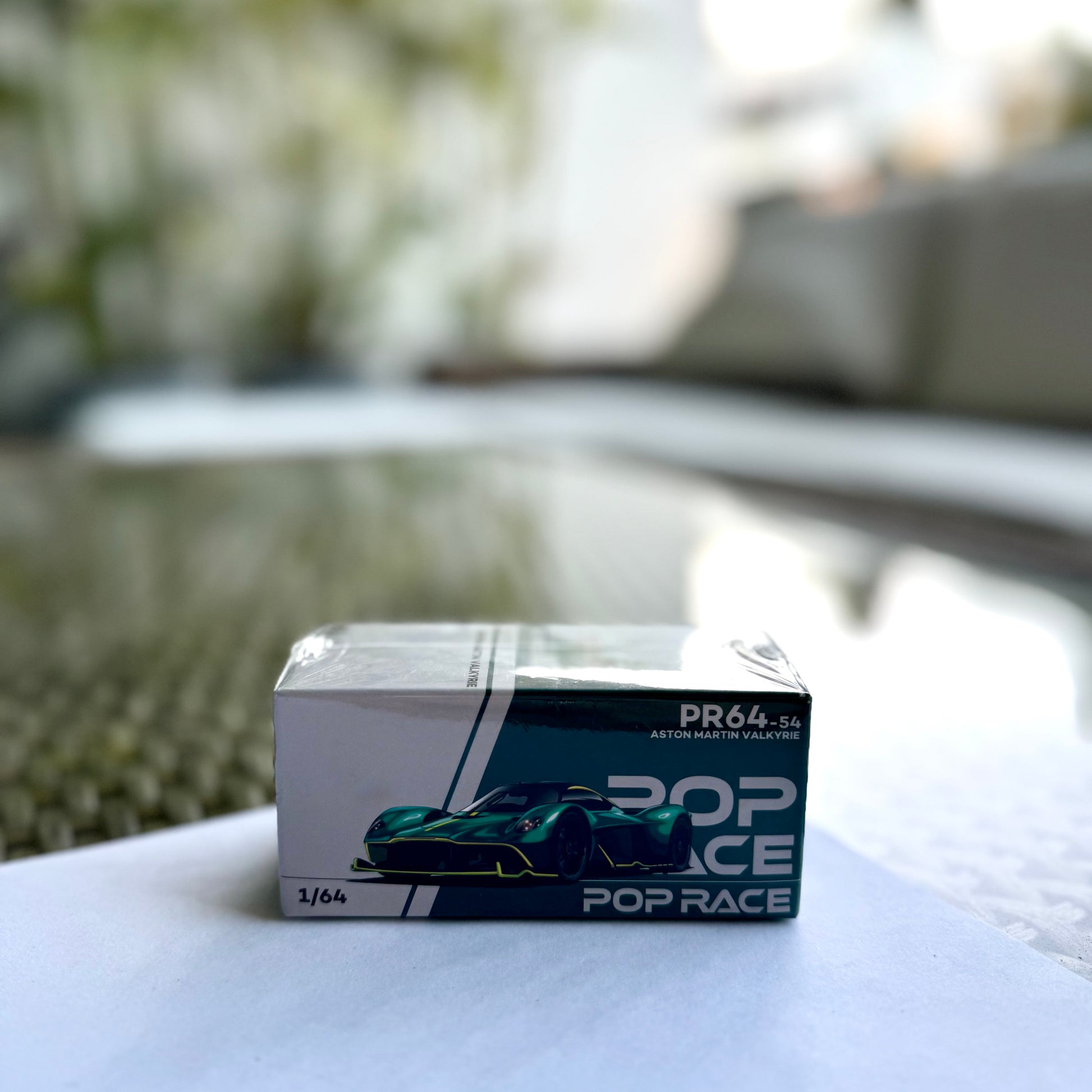 Front panorama view of Pop Race Aston Martin Valkyrie Green 1:64 diecast car