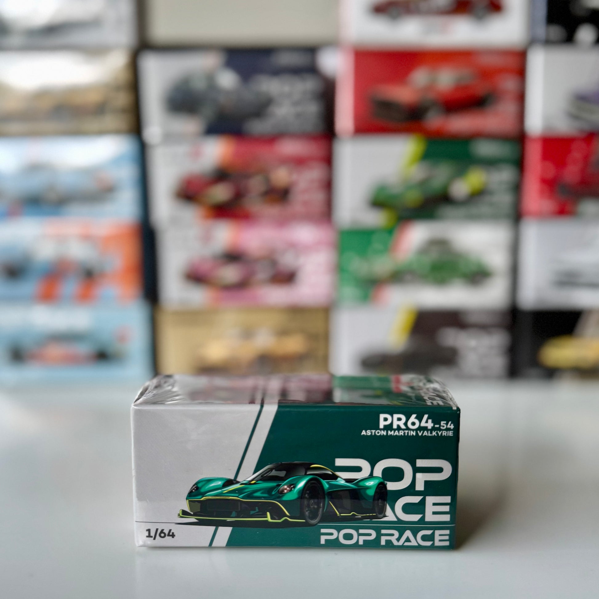 Front view of Pop Race Aston Martin Valkyrie Green 1:64 diecast car