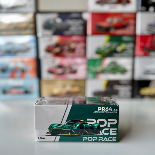 Front view of Pop Race Aston Martin Valkyrie Green 1:64 diecast car