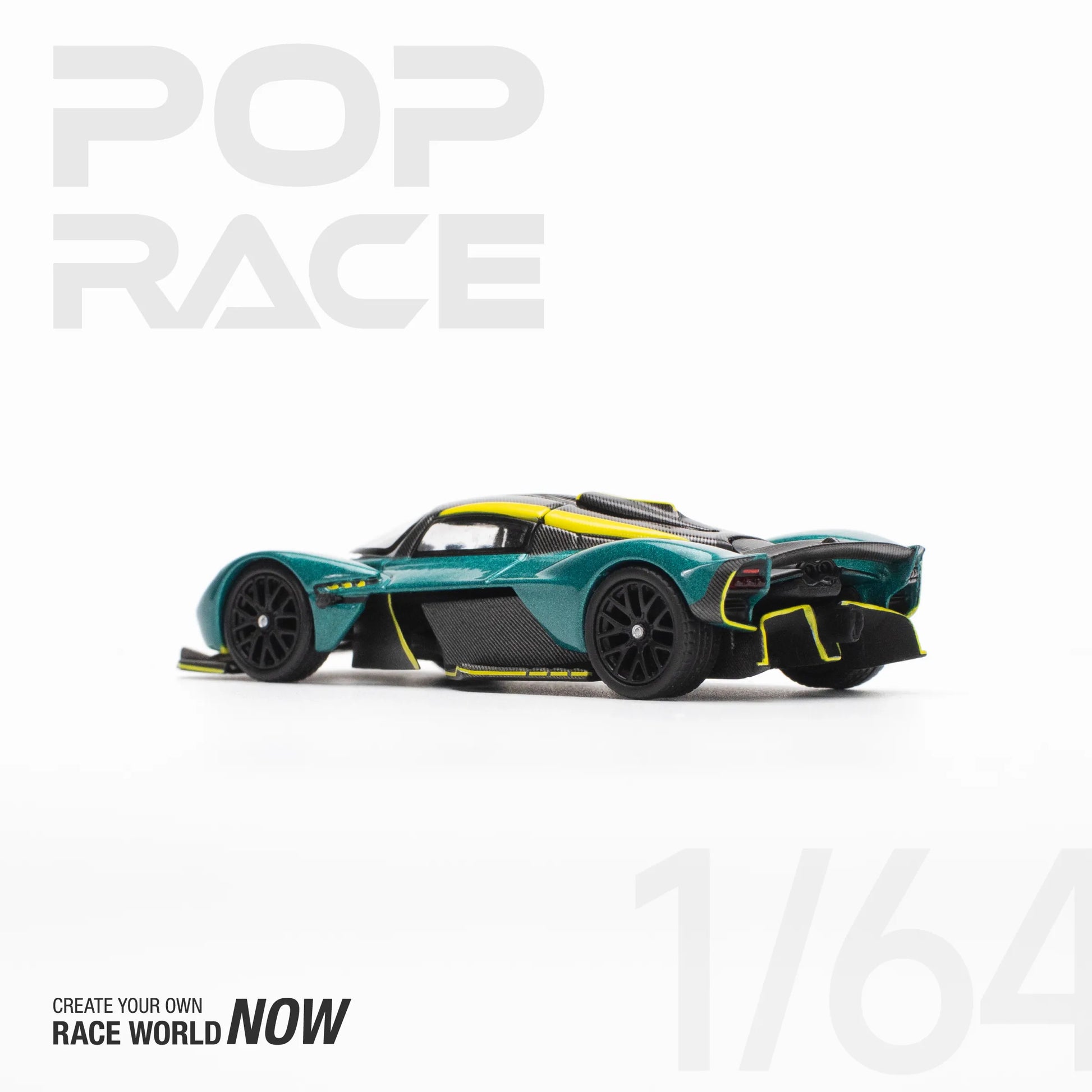Rear angle of Pop Race 1:64 Aston Martin Valkyrie in green unboxed