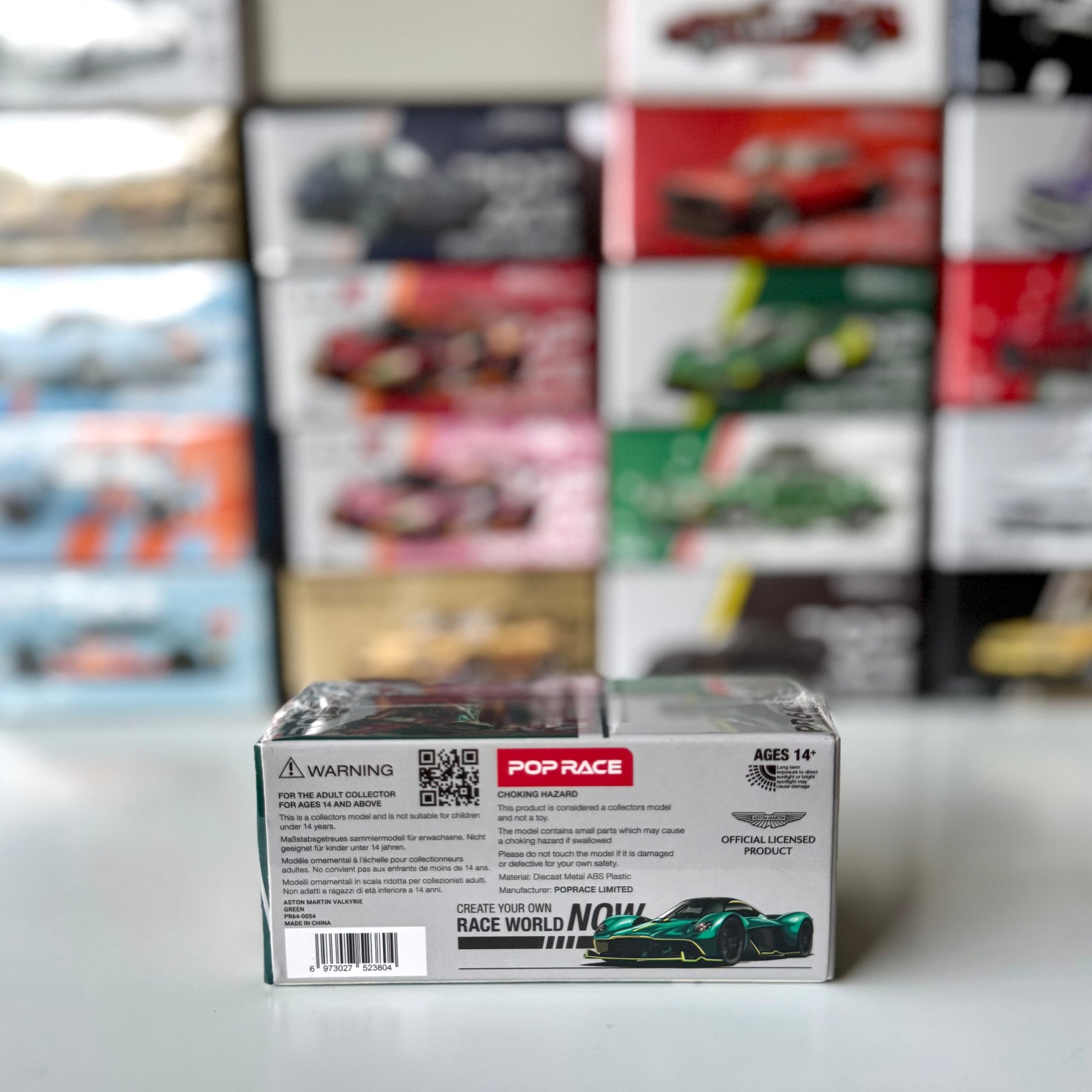 Rear angle of Pop Race 1:64 Aston Martin Valkyrie in green