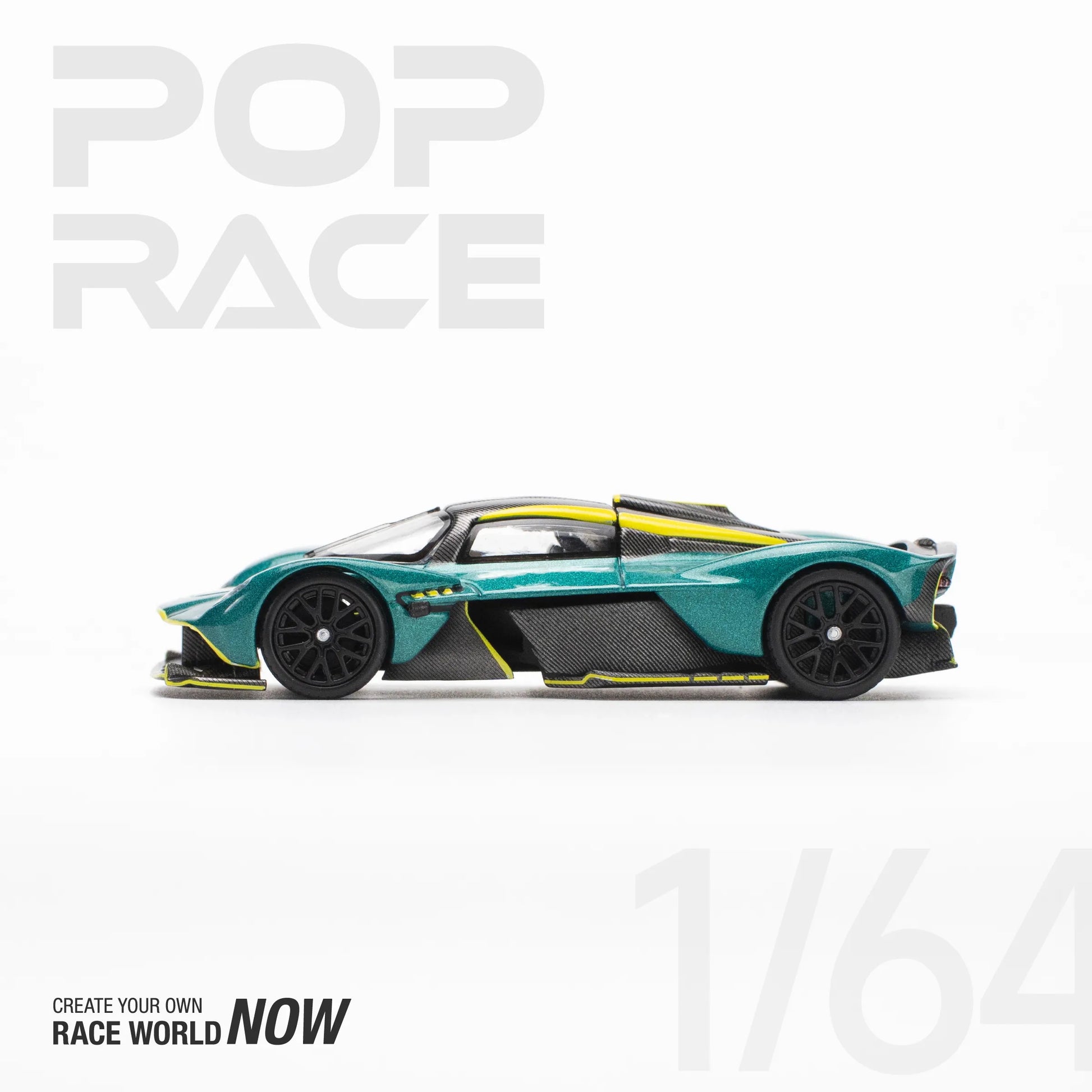Side angle view of Aston Martin Valkyrie Green 1:64 scale model by Pop Race unboxed