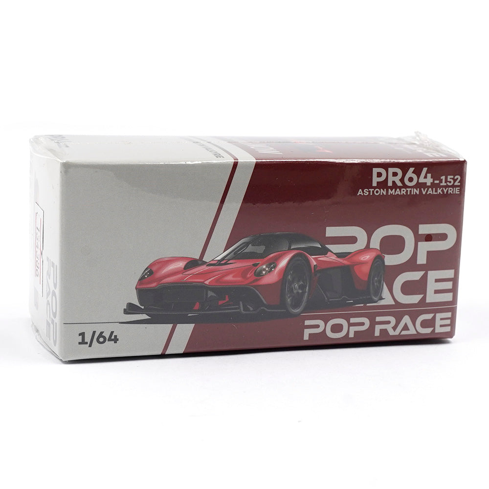 Aston Martin Valkyrie Supernova Red 1:64 diecast model by Pop Race, front view in box