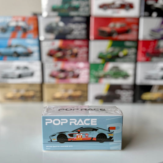 Front view of 1:64 Aston Martin Vantage GT3 Gulf diecast model by Pop Race