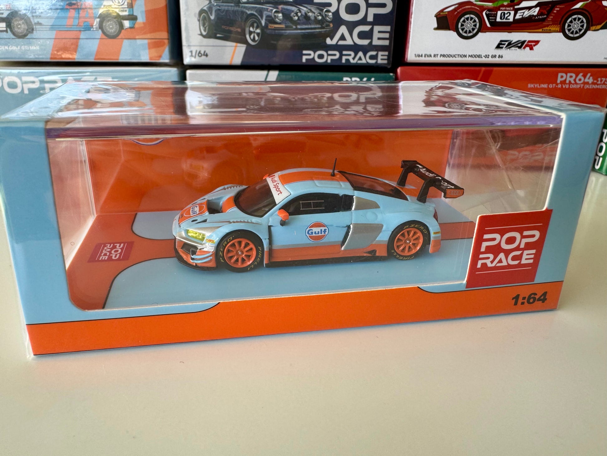 Close-up of decals and paint on Gulf R8 LMS diecast
