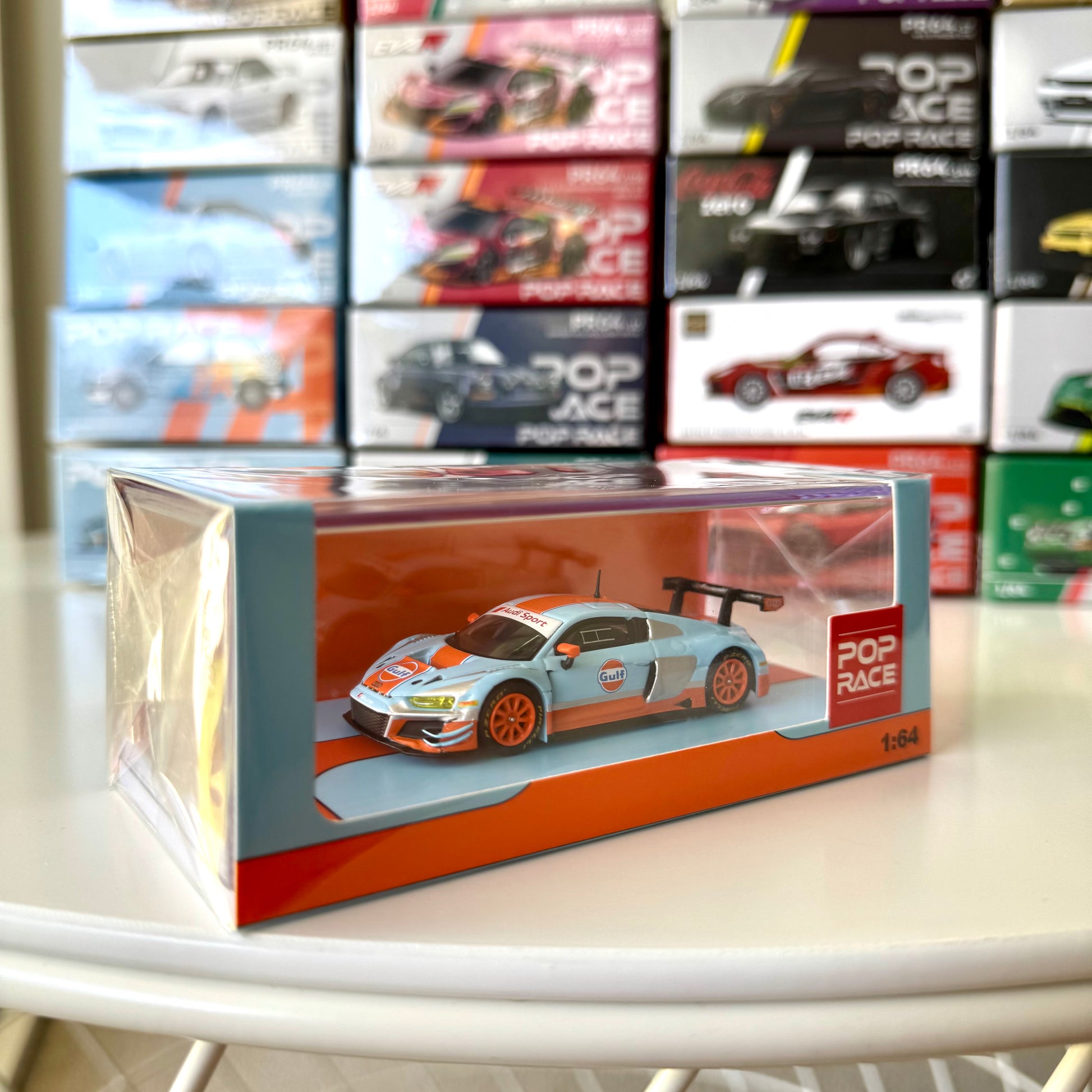 Front view of Audi R8 LMS Gulf Livery diecast model by Pop Race