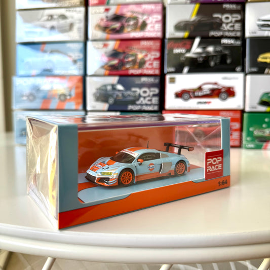 Front view of Audi R8 LMS Gulf Livery diecast model by Pop Race