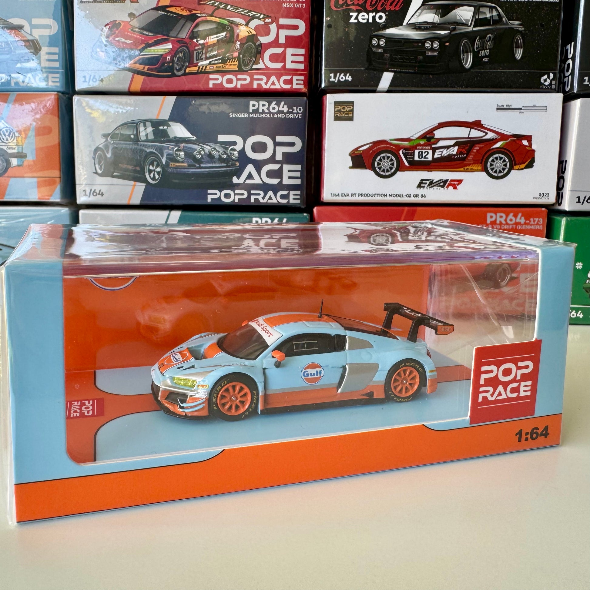 Front close up view of Audi R8 LMS Gulf Livery diecast model by Pop Race