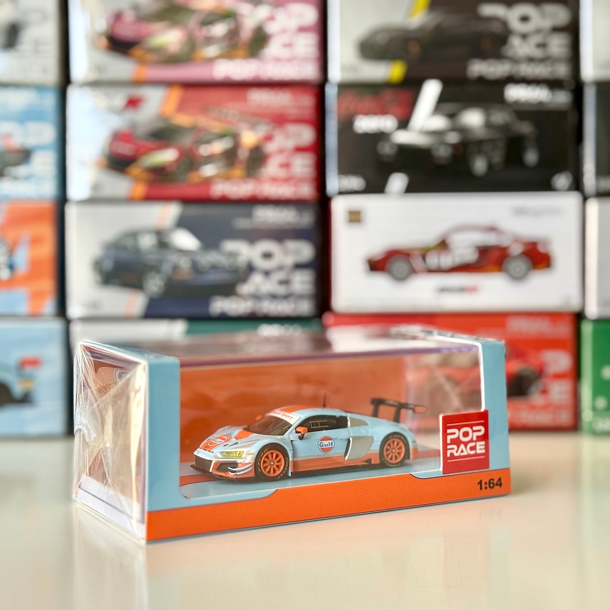 Front view of Audi R8 LMS Gulf Livery diecast model by Pop Race