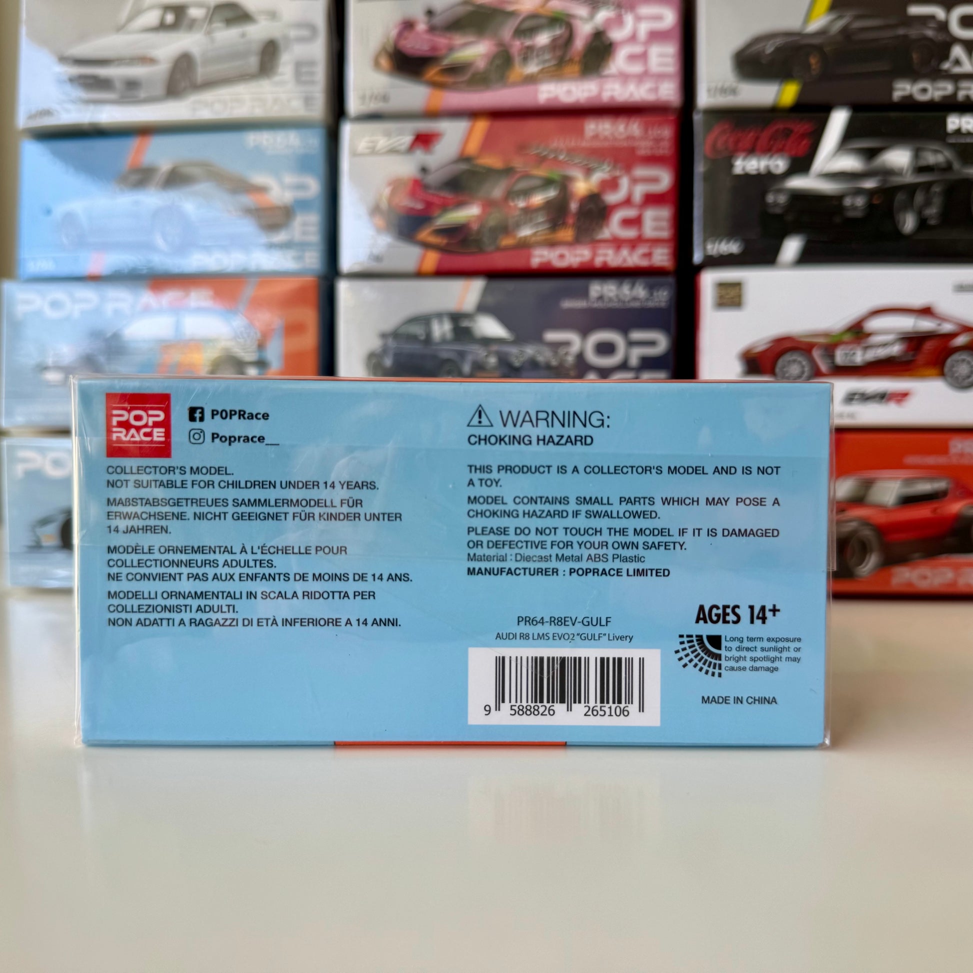 Rear view of Pop Race Audi R8 LMS diecast car model box
