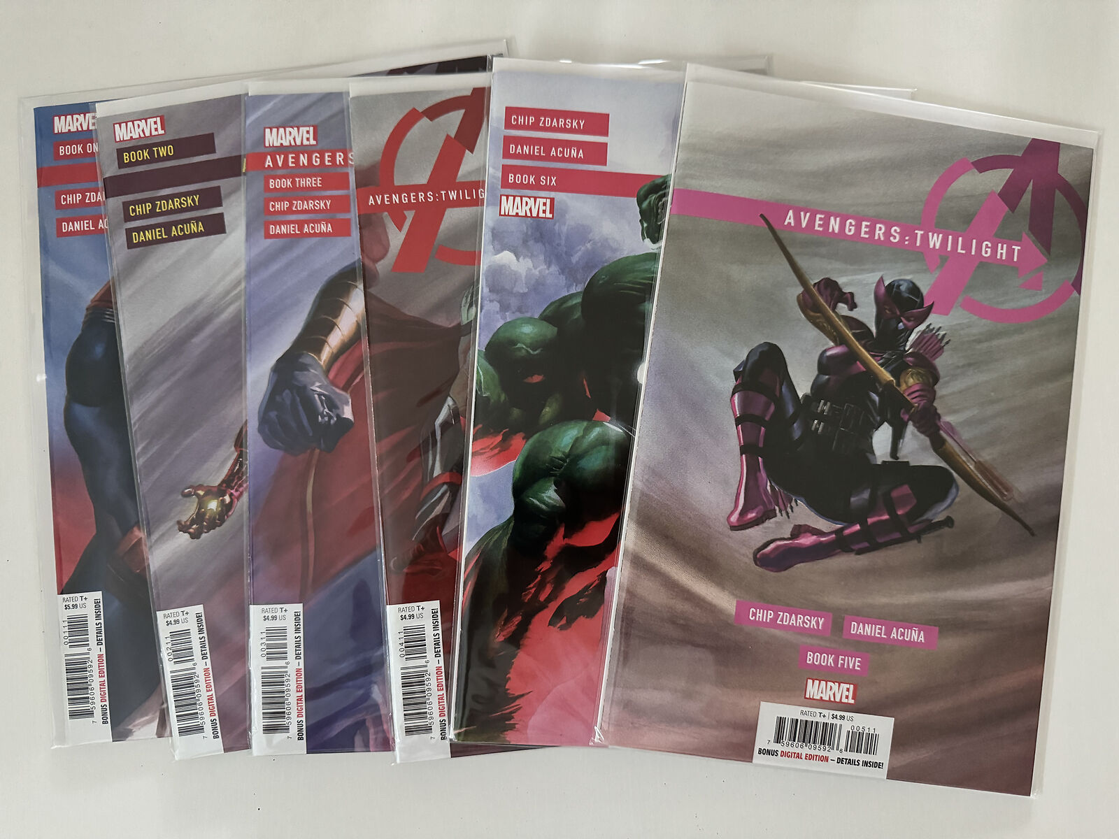 Complete Avengers Twilight comic book set, issues #1 through #6, published in 2024, displayed side by side.