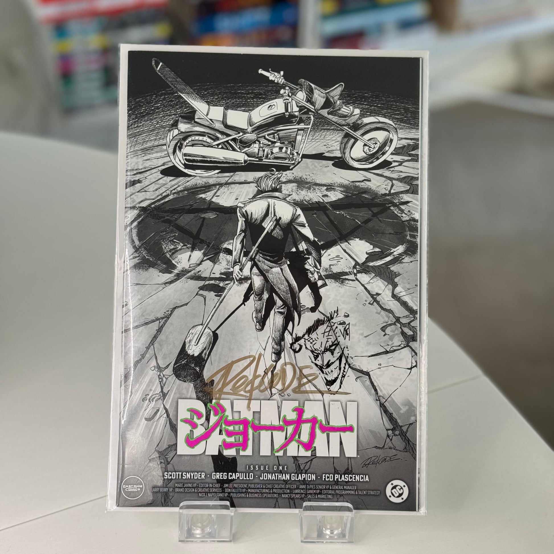 Front cover of Batman #1 Redcode Akira Joker variant, signed and remarked – East Side Comics MegaCon 2025