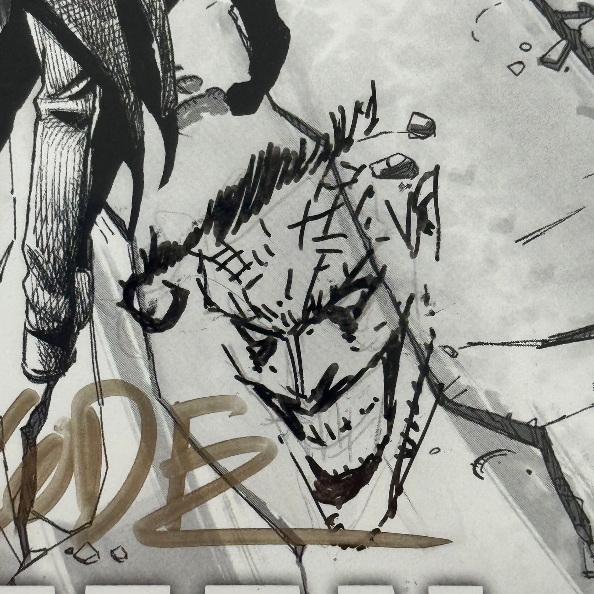 Close-up of artist remark sketch on Batman #1 Akira Joker variant