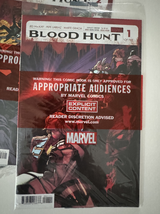 Sealed front cover of Blood Hunt Red Band Issue #1 comic book, 2024.