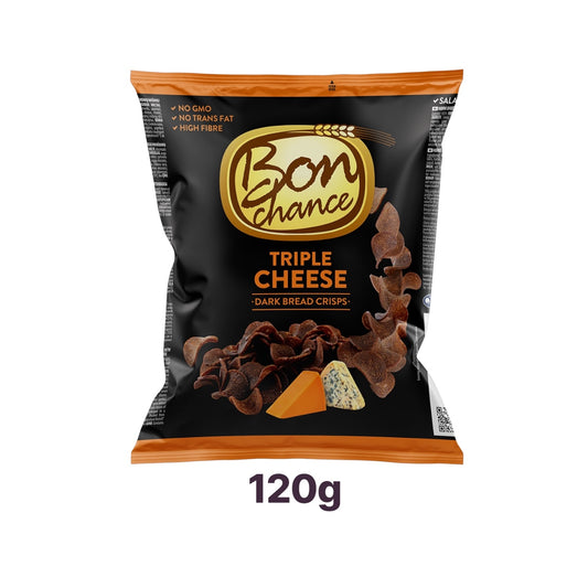 Bon Chance Dark Bread Triple Cheese Crisps – 120g Lithuanian dark bread crisps with a blend of three cheeses