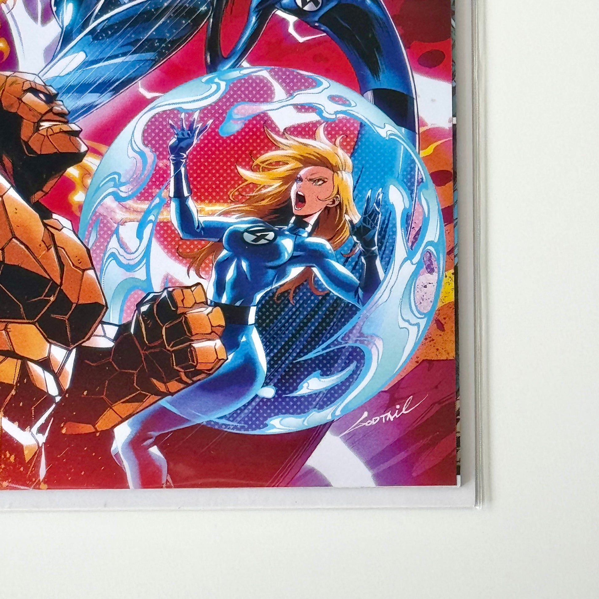 Bottom right corner condition close-up of SDCC 2025 Fantastic Four Godtail Variant