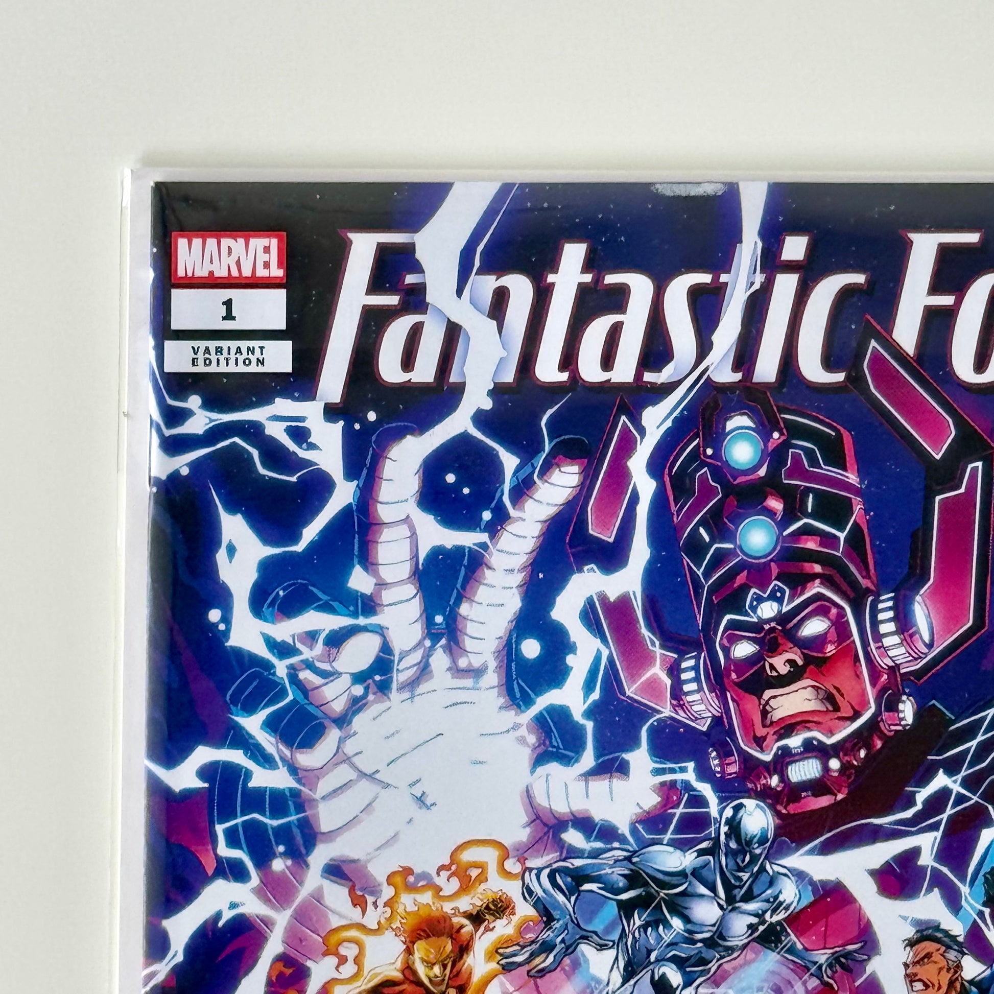 Close-up of top left corner of Fantastic Four #1 Godtail Variant showing condition detail