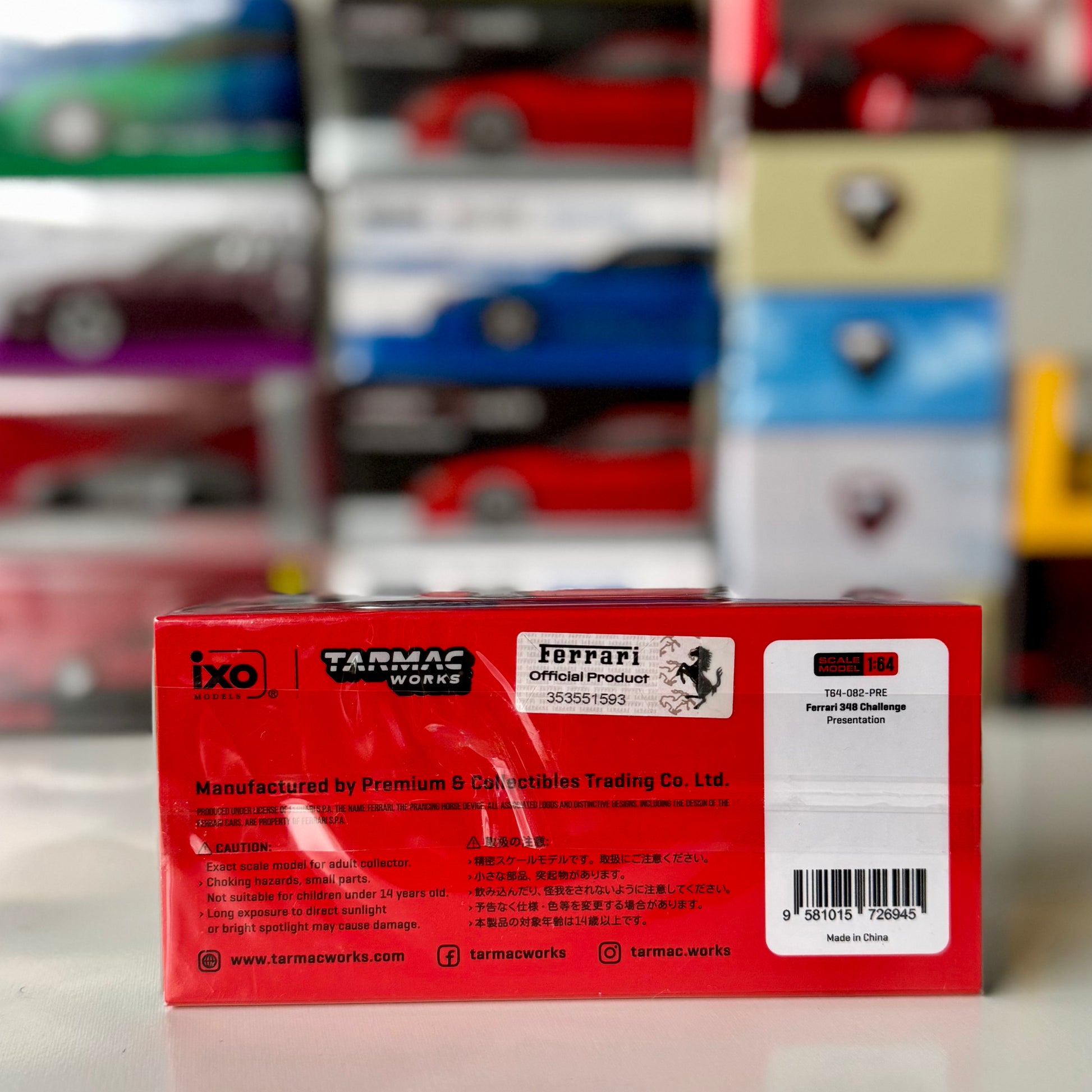 Back view of boxed Ferrari 348 Challenge Presentation 1:64 by Tarmac Works