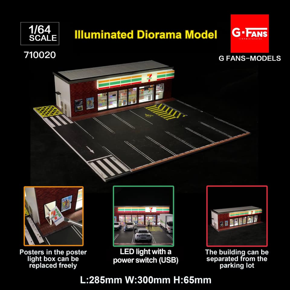 Front view of G-Fans 7-Eleven Diorama 1:64 scale with extra details and information