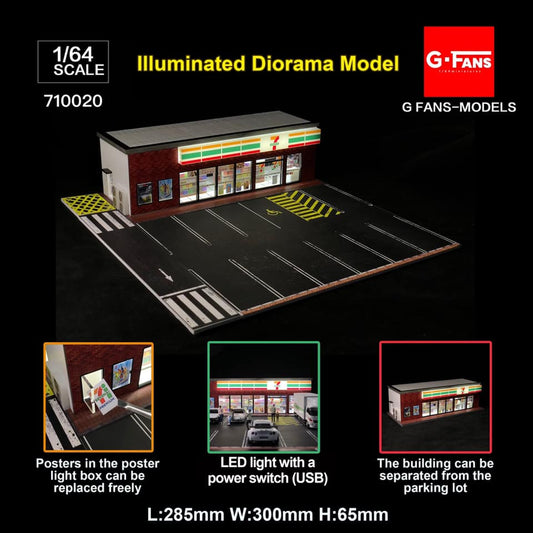 Front view of G-Fans 7-Eleven Diorama 1:64 scale with extra details and information