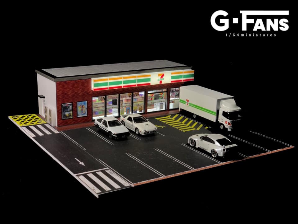 Overhead angle of 7-Eleven 1:64 display with parking