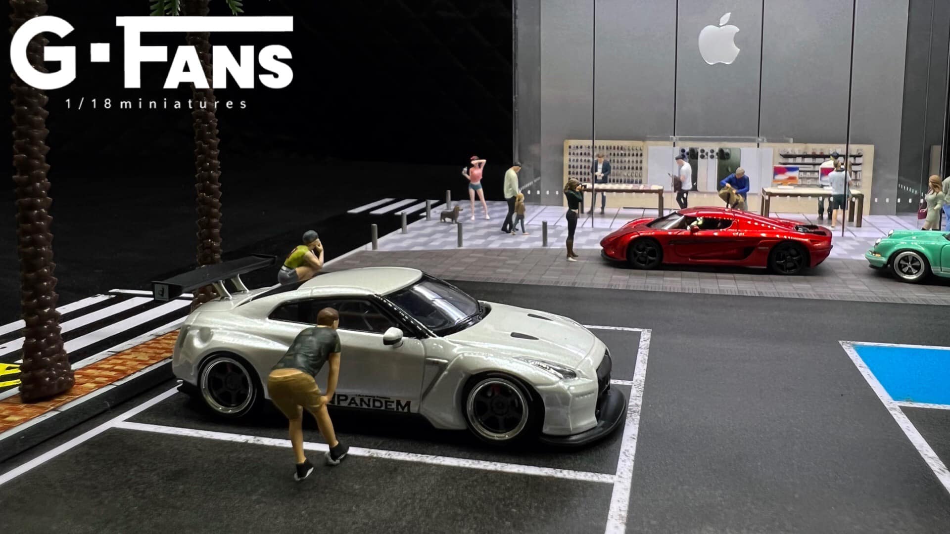 1:64 scale diecast cars displayed in Apple Shop Diorama (cars and miniatures not included)