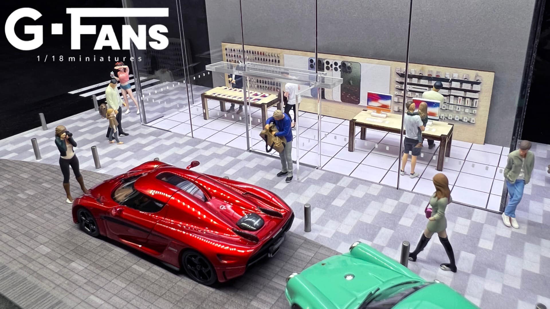 1:64 scale diecast cars displayed in Apple Shop Diorama (cars not included)