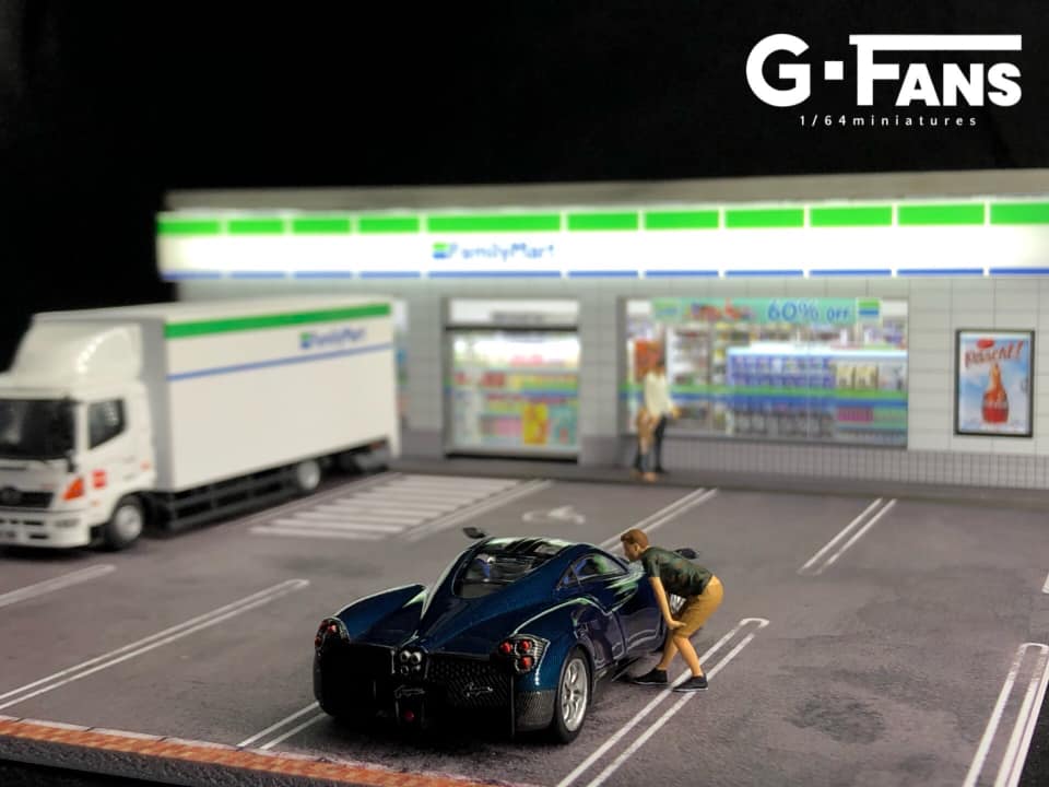 Nighttime setup of Family Mart diorama with lighting