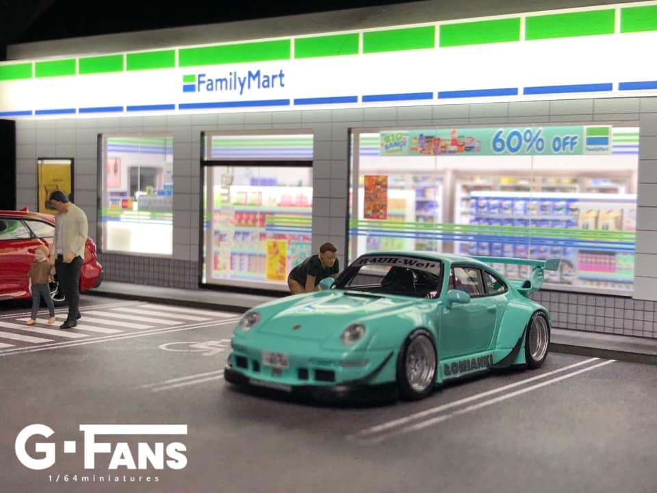 1:64 diecast cars displayed on Family Mart diorama (cars not included)