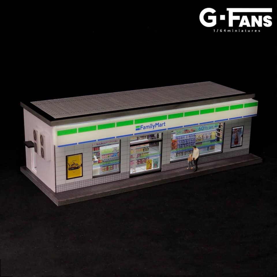 Top-down view of 1:64 scale Family Mart diorama without car park