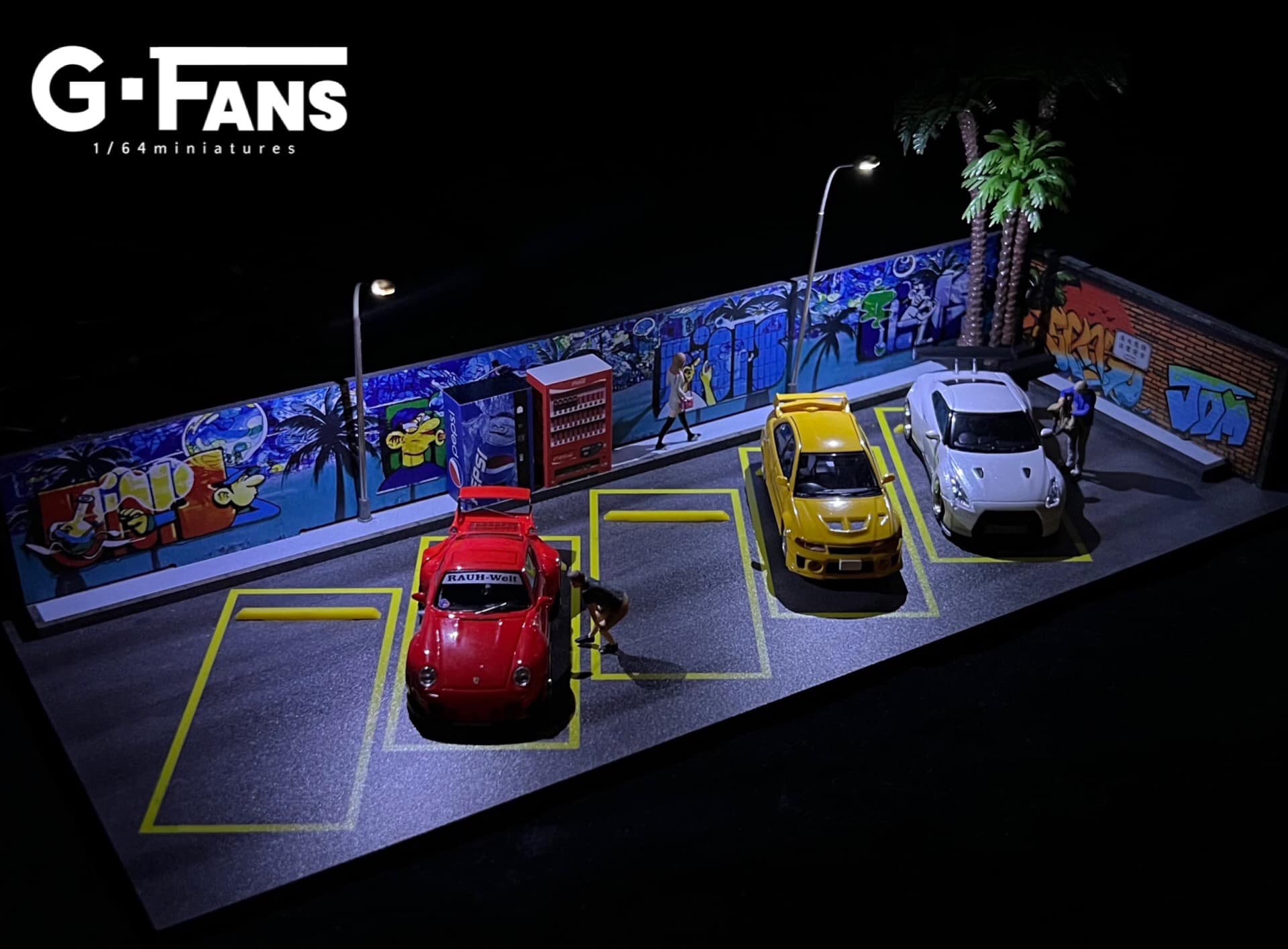 LED lights turned on inside 1:64 graffiti-themed diorama