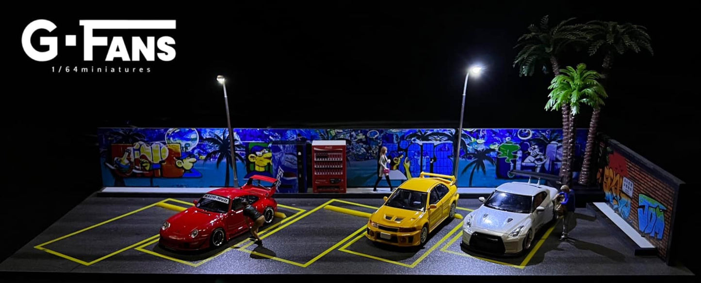 LED lights turned on inside 1:64 graffiti-themed diorama