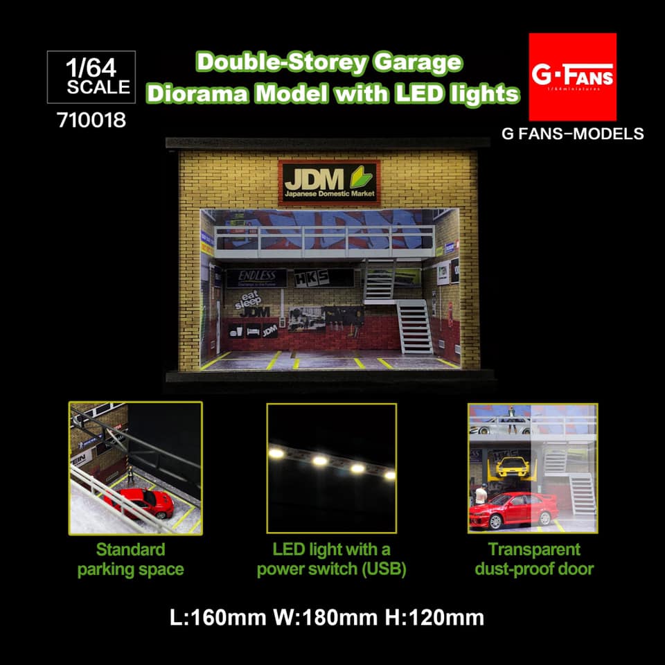 Front view of G-Fans JDM double storey garage for 1:64 scale diecast display
