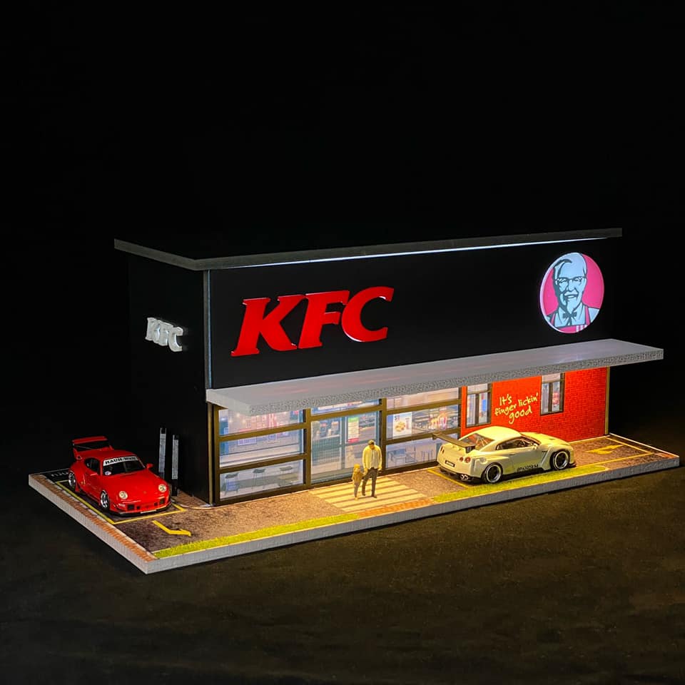 Side view showing drive-thru and LED-lit details of KFC diorama