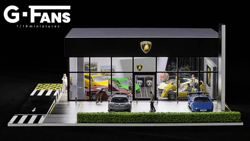 Front view of Lamborghini Service Centre Diorama in 1:64 scale